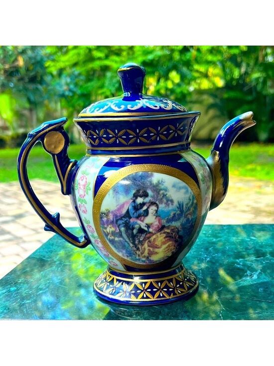 Other - Vintage Venetian Lagoon Tea Pot Cobalt Blue Fine Porcelain with Gold Trims 8"